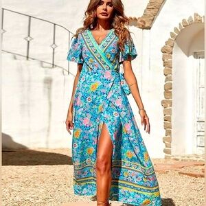 Bohemian Blue and Pink Floral Wrap Maxi Dress Boho NWOT